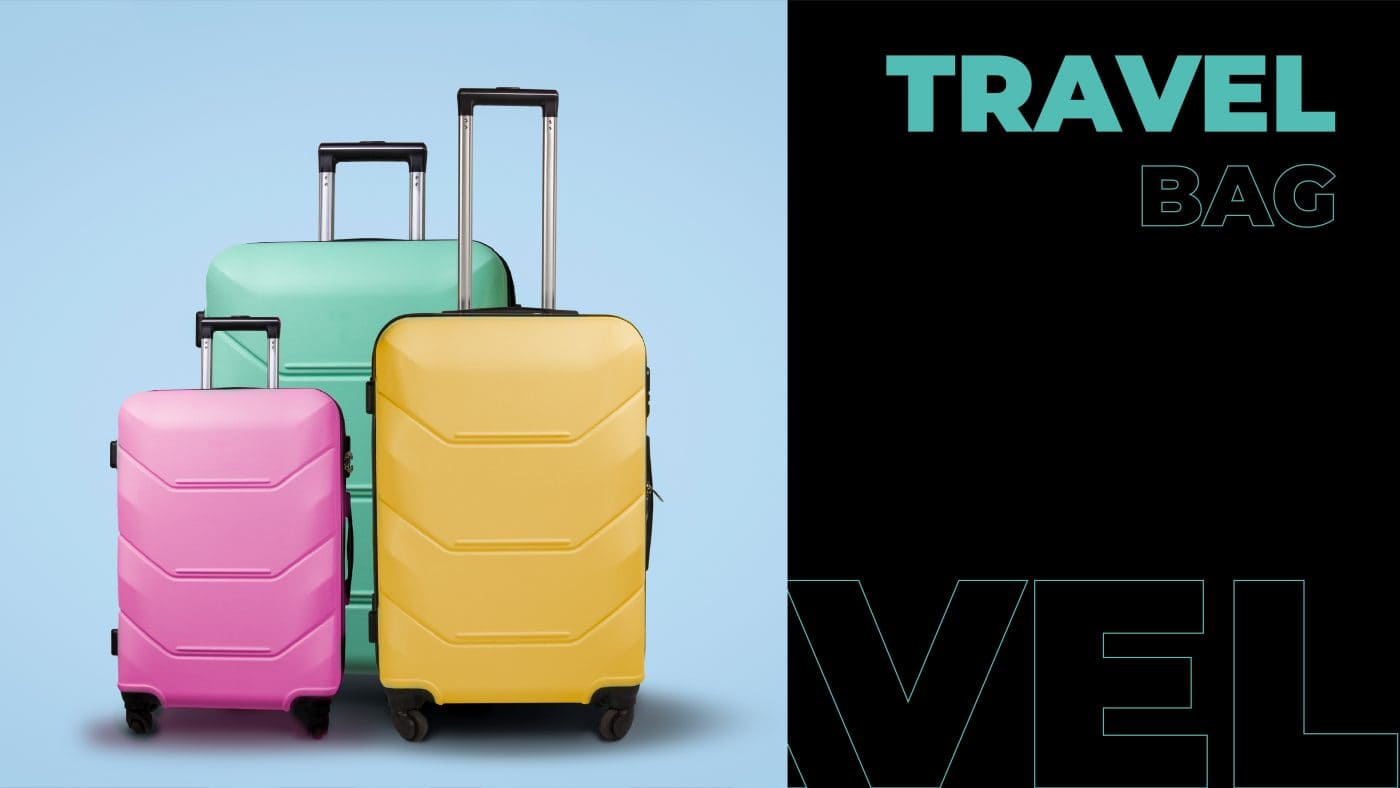 Pink, green, and yellow travel bags 