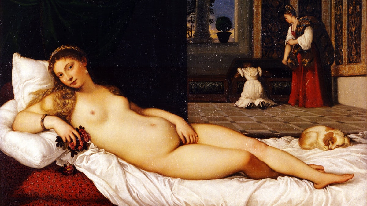 Venus of Urbino by Titian, A nude painting of a women, reclining on a bed.