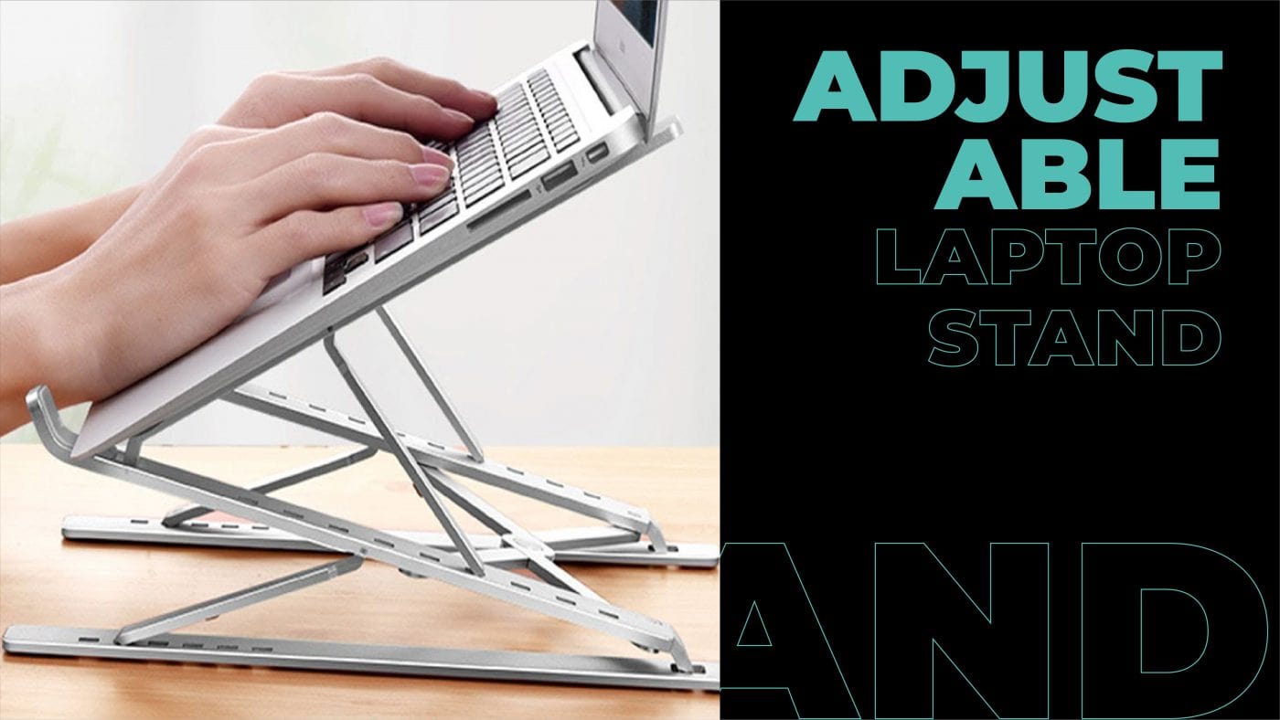 a person using laptop attached to an adjustable laptop stand. 