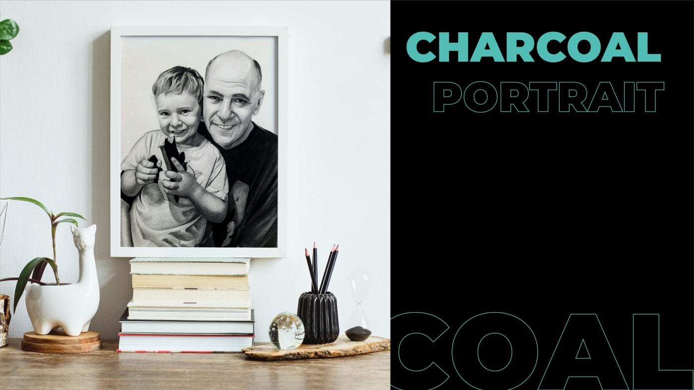 a charcoal portrait of grandpa with his grandson is kept on a desk. painting made by the artists of PortraitFlip. 