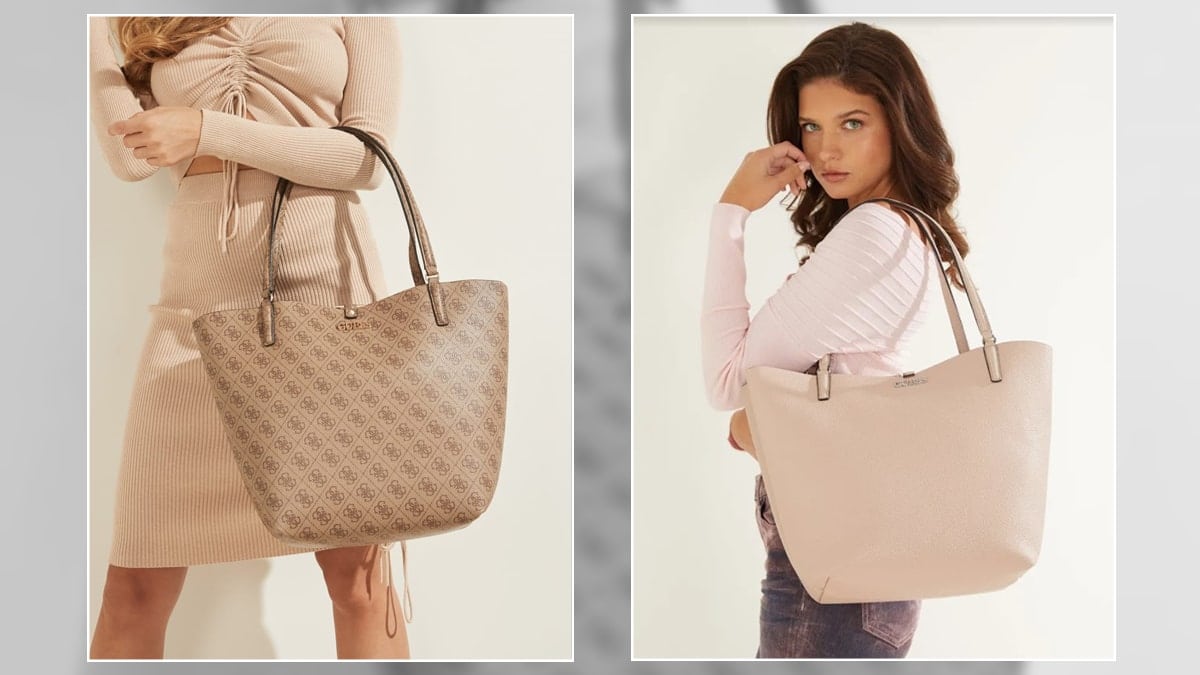 Two ladies holding beige tote bags and posing with the product, another graduation gift for her.