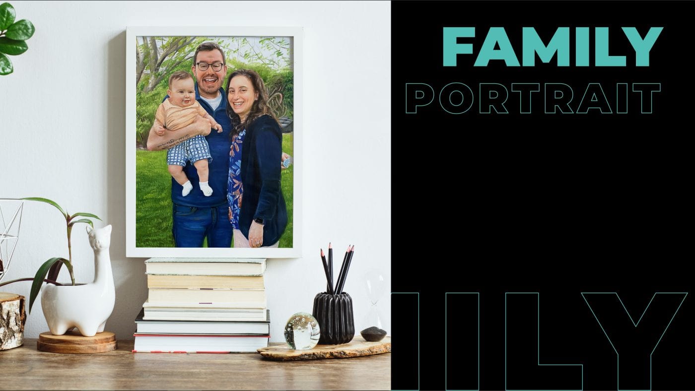 A family portrait of a man with his wife and child is turned into a 