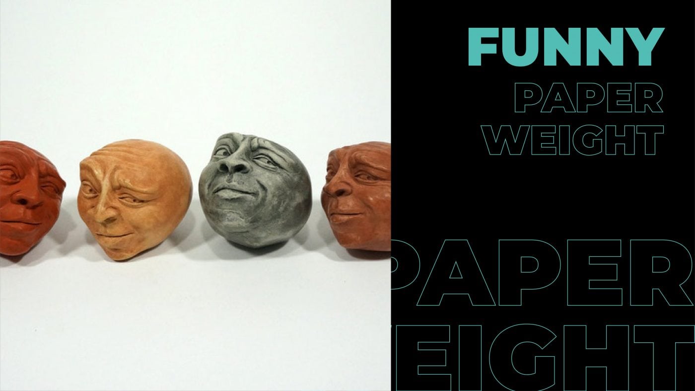 a photograph of funny and weird faced paper weights. 