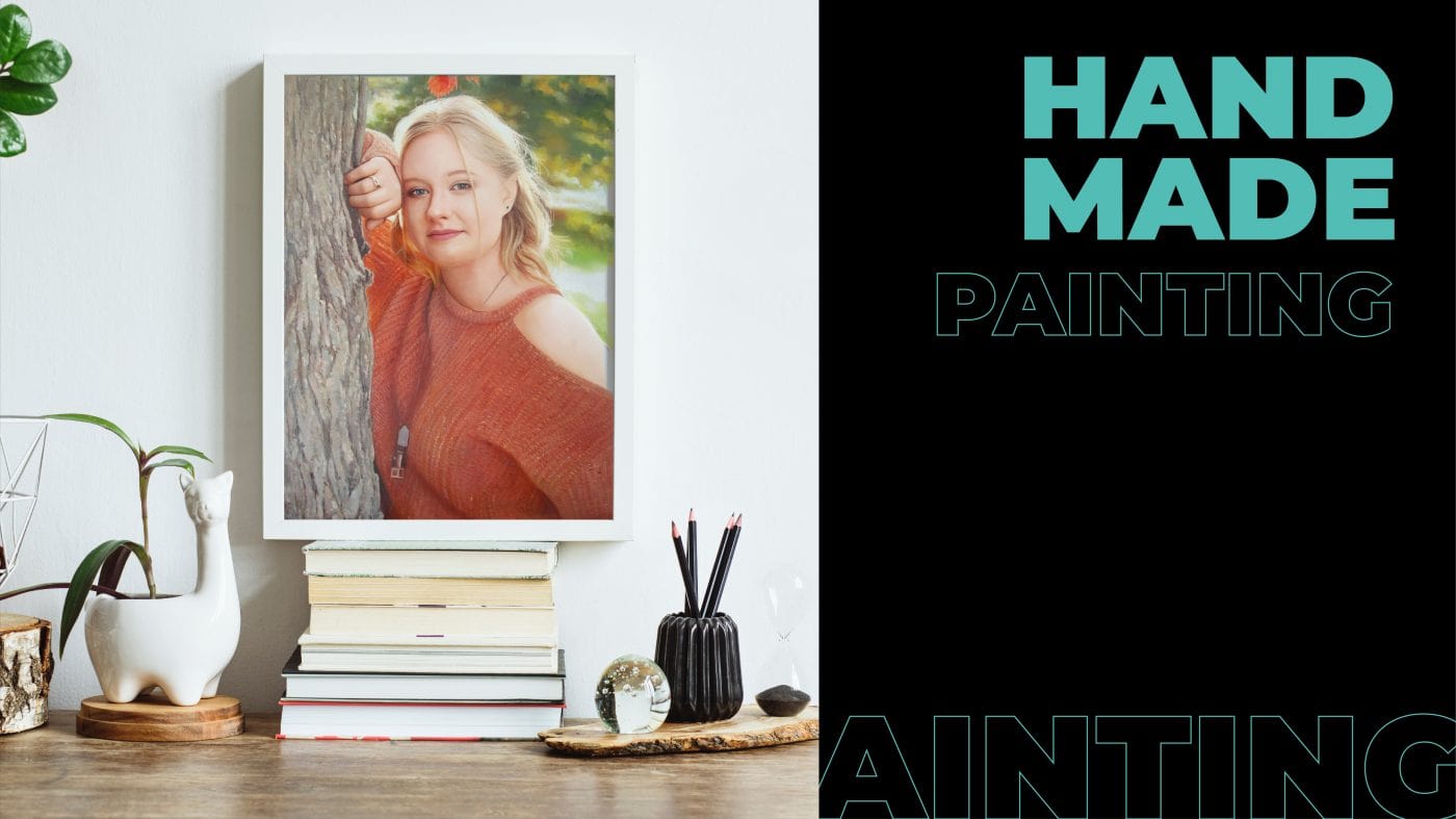 a handmade painting of a lady is kept on stacked books on a table. the painting is and by portraitflip's artist.