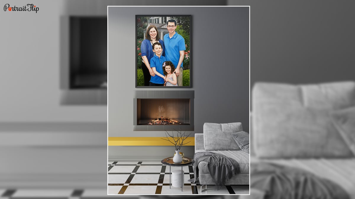 A mantle decoration with a family portrait by Portraitflip hanging above it