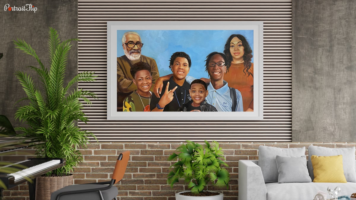 A family portrait hung on wall. the painting is handpainted by portraitflip's artists.