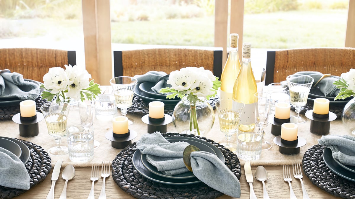 Dining table decorated with items. 