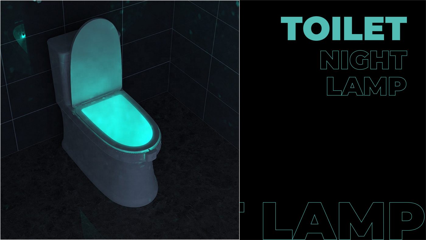 Toilet Night lamp lit in a dark bathroom. 