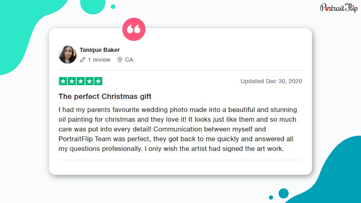 a trustpilot review of Tanique Baker on Portraitflip's services. 