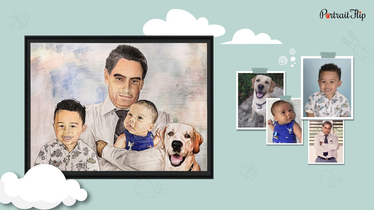 A portrait of a baby with his grandparent and sibling. There are four photos that have been compiled into one.