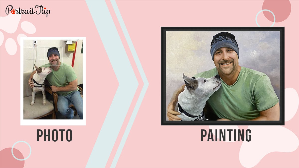 A portrait made form a painting. This image shows a photo and then a portrait of the same photo. It is a pet memorial gift for pet lovers.