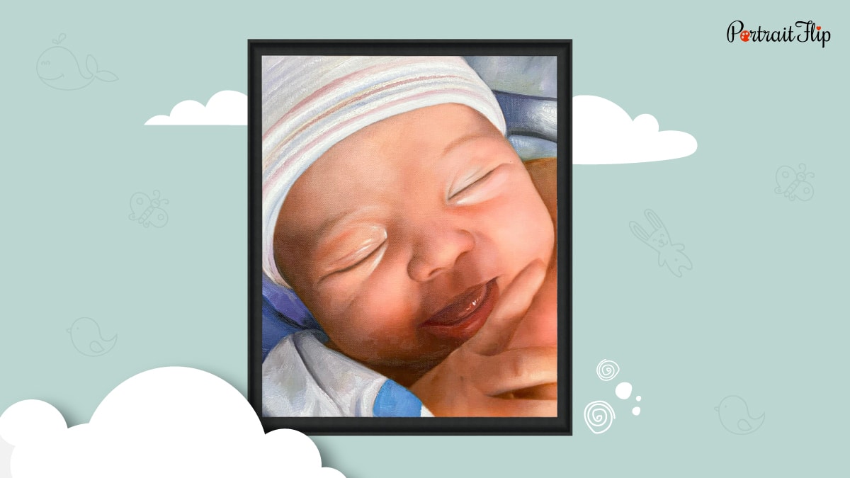 A portrait of a baby, mounted up on a wall. the baby has his eyes closed and is smiling.