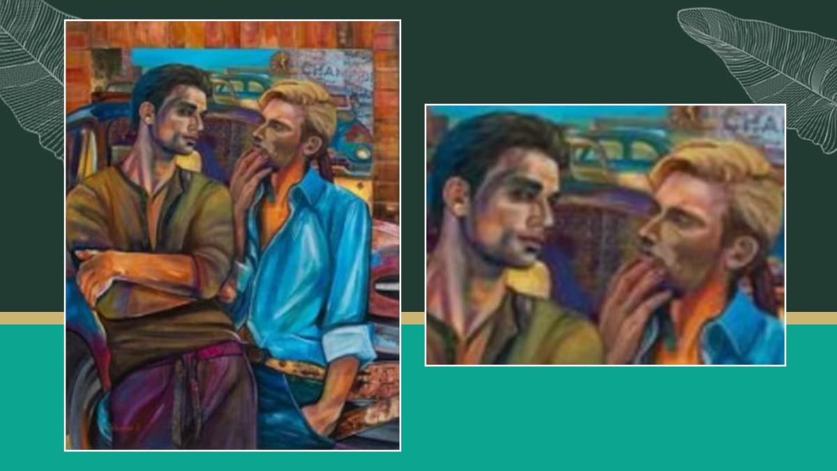 This image shows a painting of two men who are looking at each other. There is a variety of colors used here. This is the perfect representation of gay art.