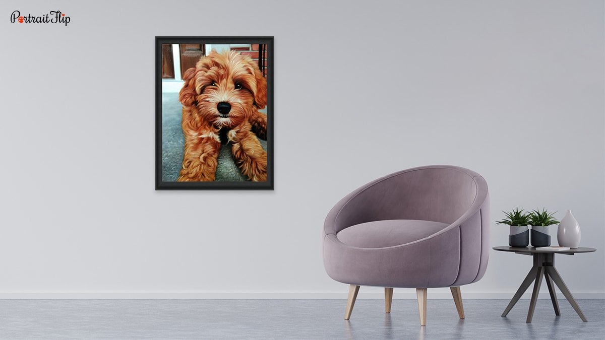 A portrait of a dog on a wall with beautiful interiors around it. There are plants and a sofa as well as a table.