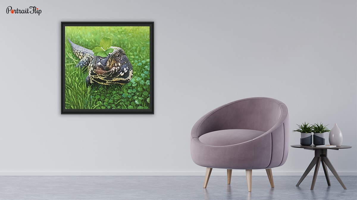 The portrait of a reptile on a wall with a beautiful interior. A gift for a pet lovers.