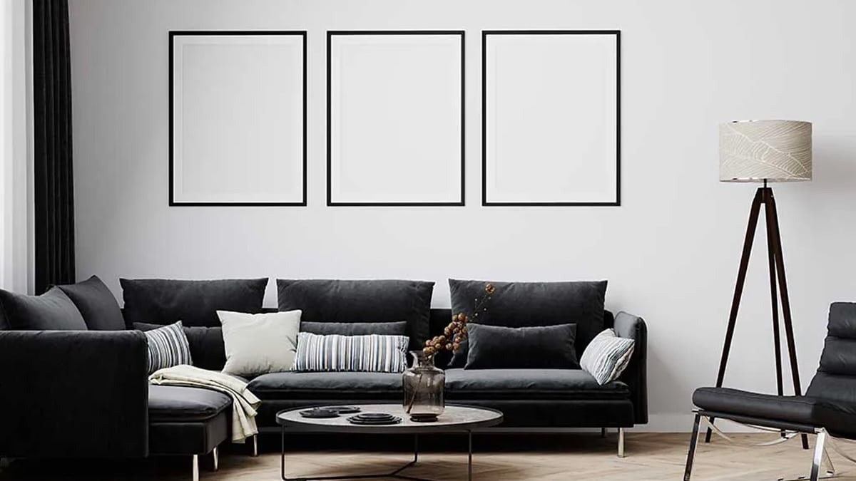 Living room interior with black and white furniture set. 