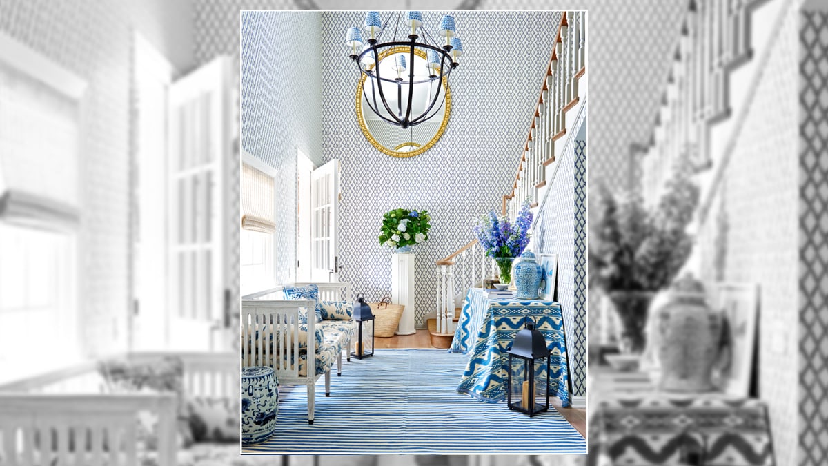 Entryways interior consists of white and blue combination furniture and designs. 