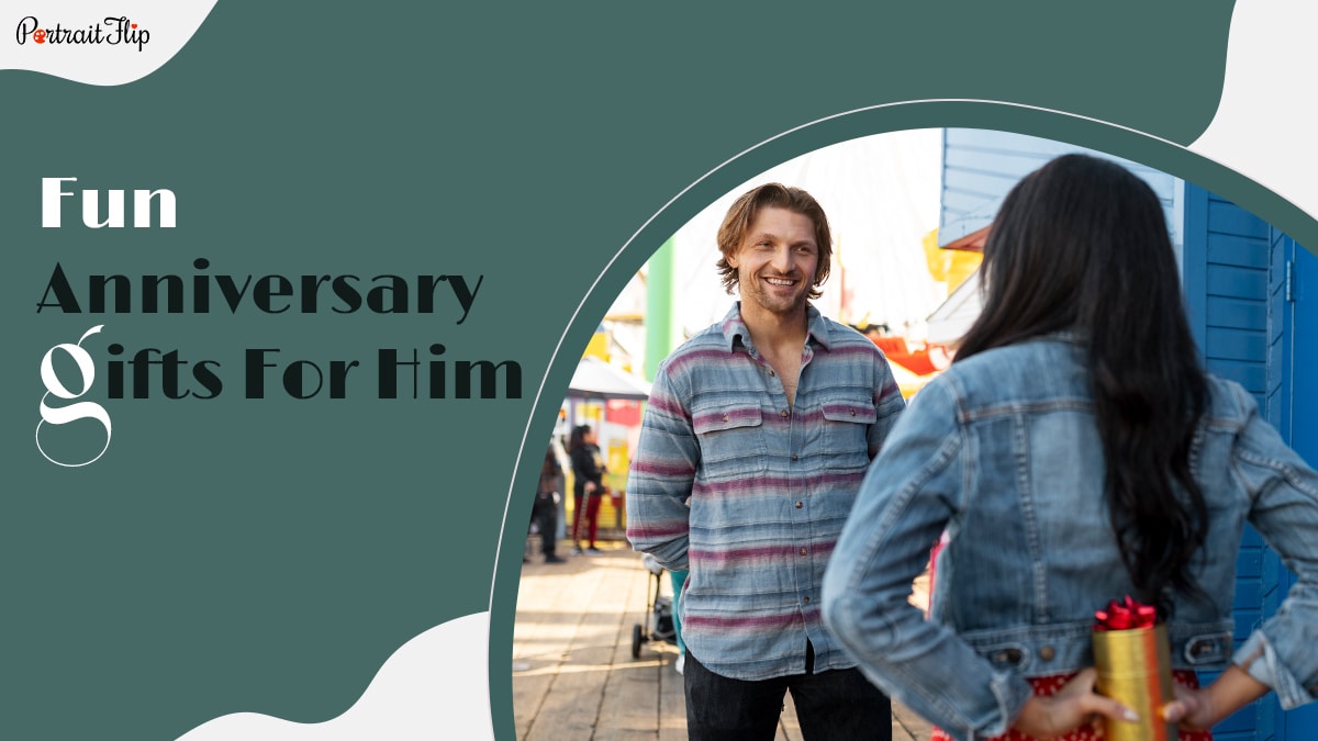 A girl surprising her love with a fun anniversary gift
