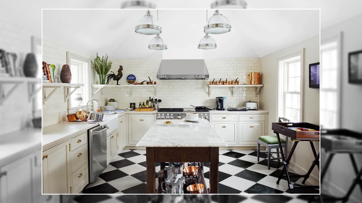 Kitchen space with subway tiles and multifunctional furniture.