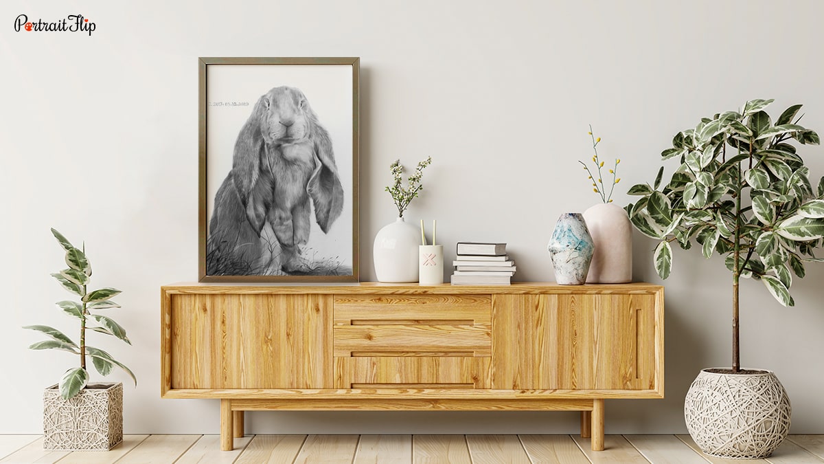 A portrait of a bunny rabbit sitting on a wall in a beautiful interior. it is a gift for rabbit pet lovers.