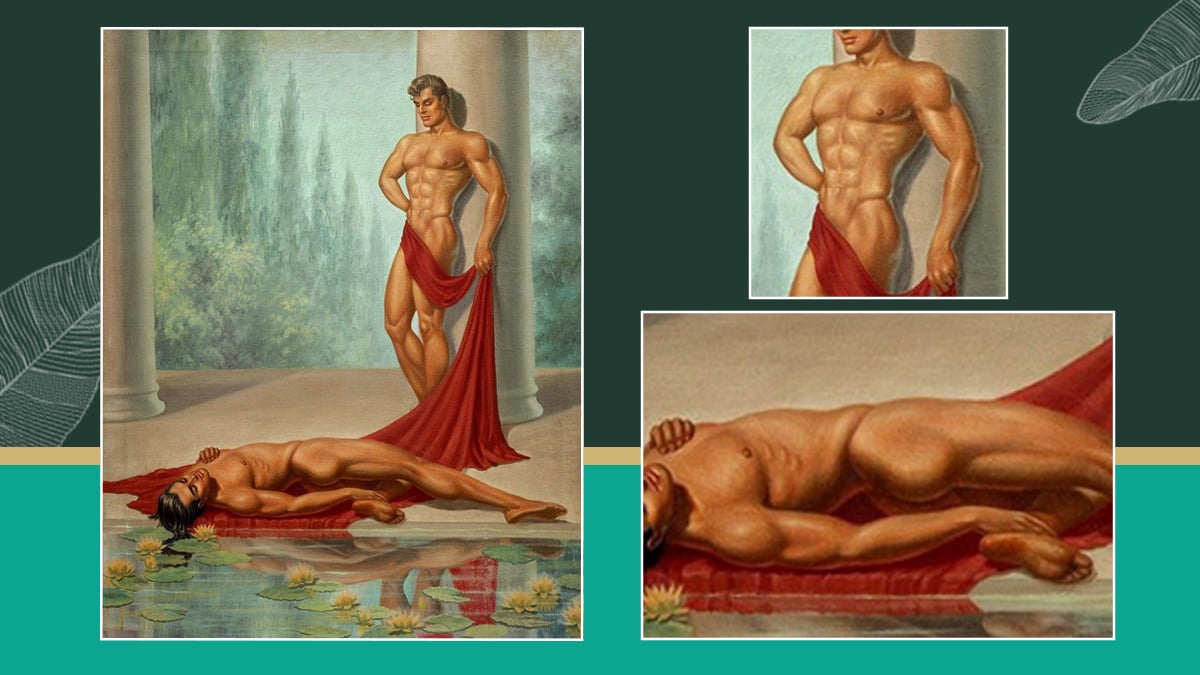 An erotic gay art piece by George Quaintance where you can see two men with sharp bodies looking at each other with a platonic look of longing. One has beautifully draped the red silk cloth around his groin so it wont be exposed the other lies on the floor with his hard rock muscle. There are lotuses in the water that symbolize purity.
