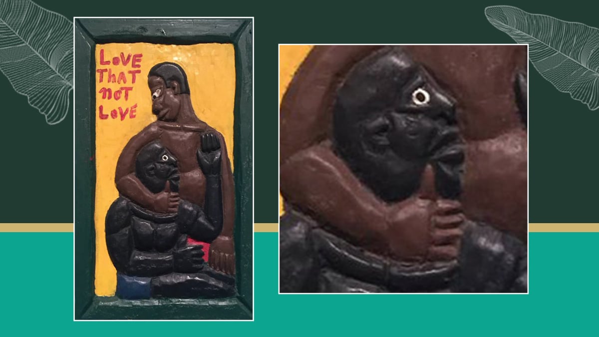 A wooden carved art piece that was really famous for promoting homoeroticism and is painted by Herbert Singleton. It is called 'love that not love'.
