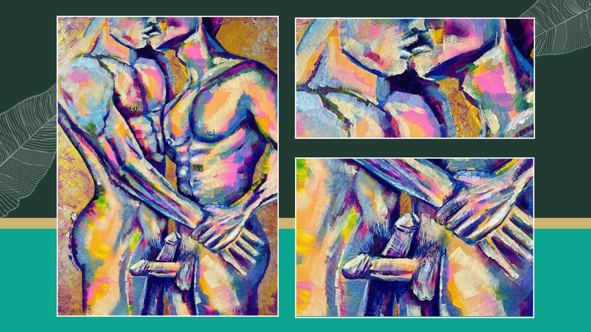 A modern gay erotic art where you can see two men painted in very vibrant colors. The detailing is immaculate. Their penises are touching almost crossing each other and they are sharing a compassionate kiss. They have very strong and rock hard muscles.