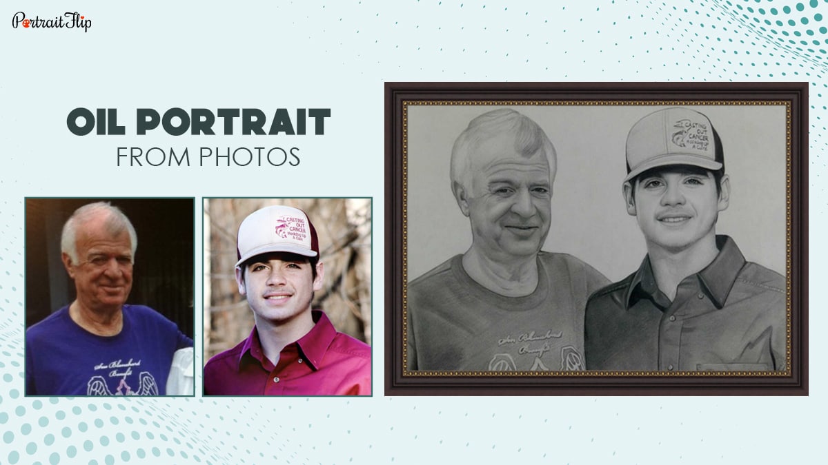 Two photos of two people merged together into one oil portrait that can be a gift for any occasion.