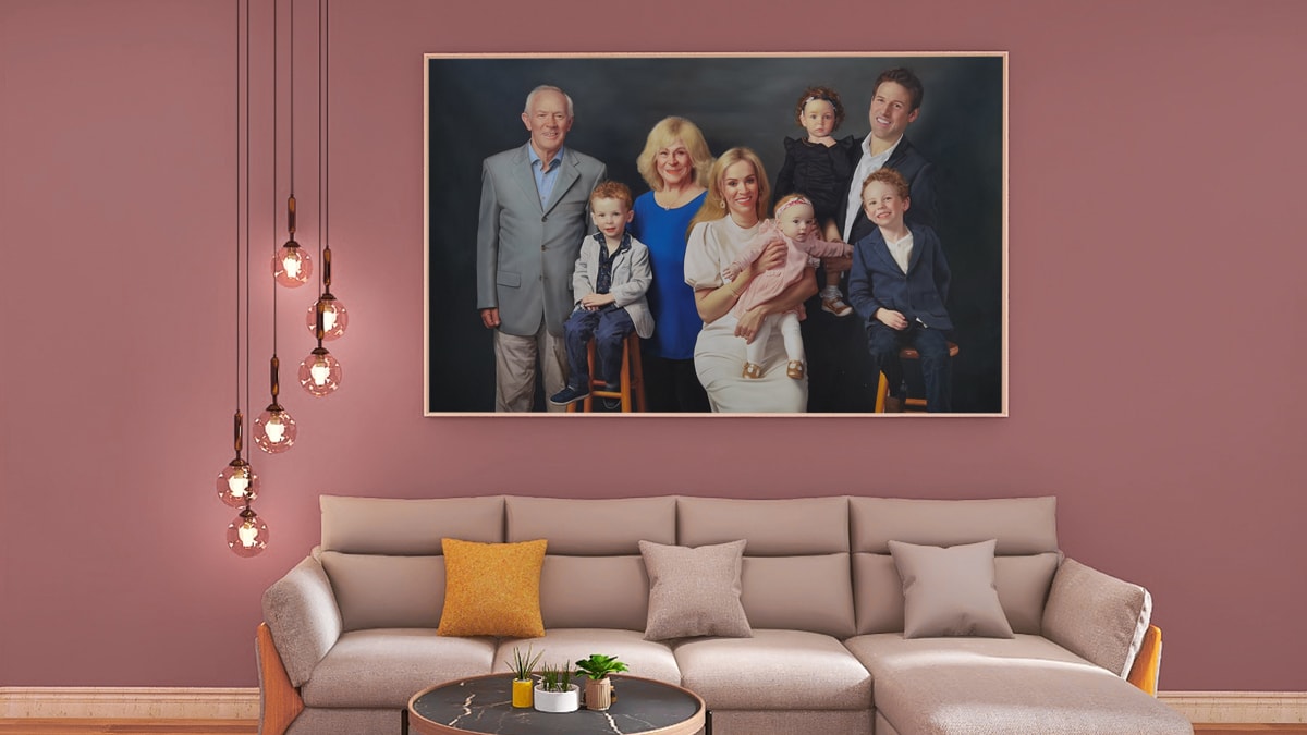 A handmade custom portrait of a elegant family hanging on a wall in a room full of pretty interiors.