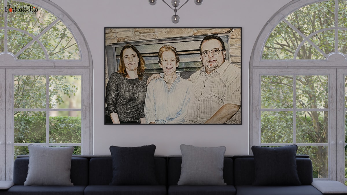 A very charming watercolor handmade custom painting in a pretty interior with a black and white couch as a new years gift.