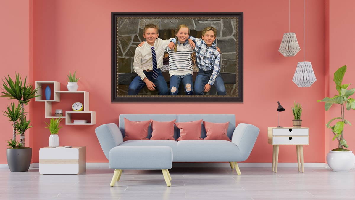 A handmade custom painting of three children sitting on a wall with a beautiful interior.