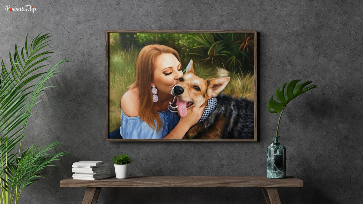 A very beautiful interior with leaves and books and there is a enticing portrait of a woman and her dog on the wall. The painting is from PortraitFlip and it is also one of the graduation gift ideas for best friends.