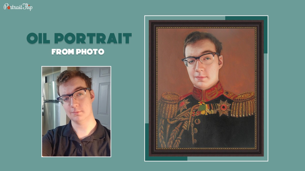 The image shows a photo and a royal portrait of the same photo. The guy is smiling and is dressed as a king in the portrait from PortraitFlip.