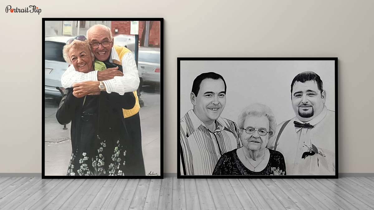 Two handmade custom painting of two different families. One is just a grandfather and grandmother and the second is two grandchildren with their grandmother.