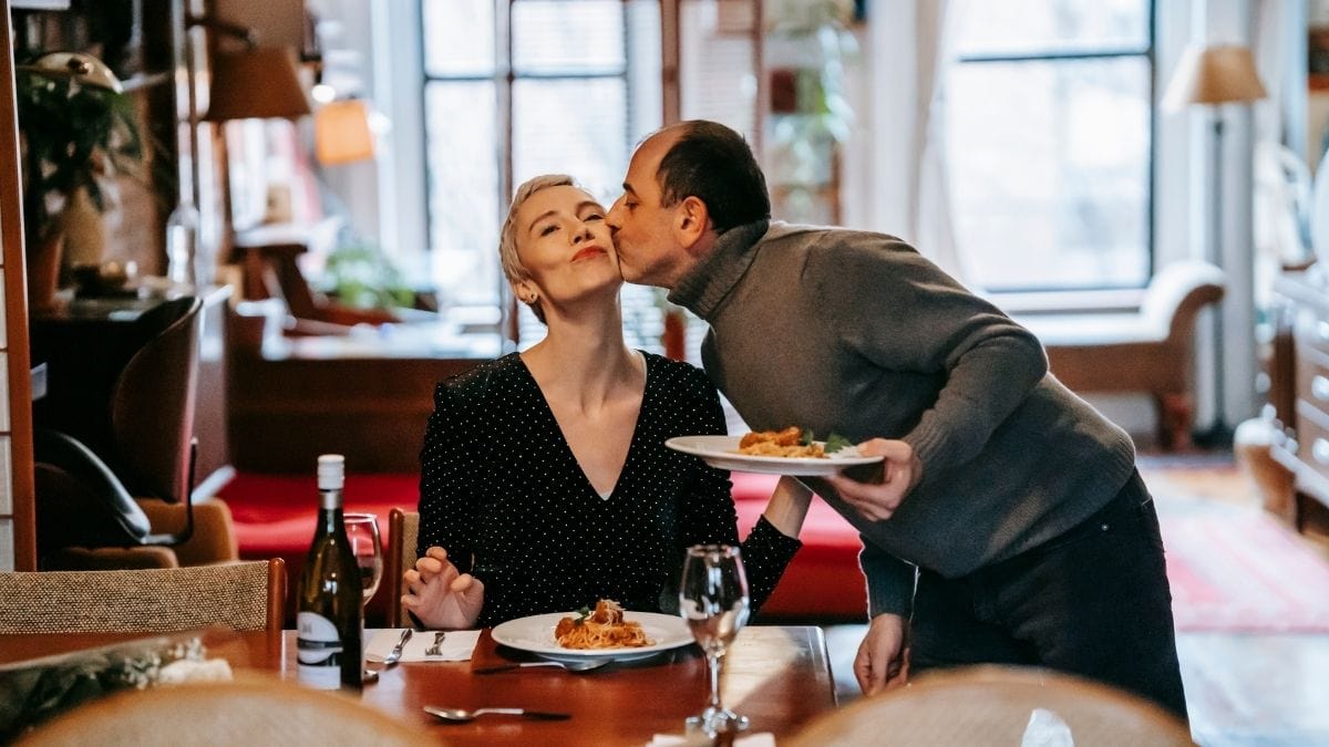A couple having a romantic anniversary dinner