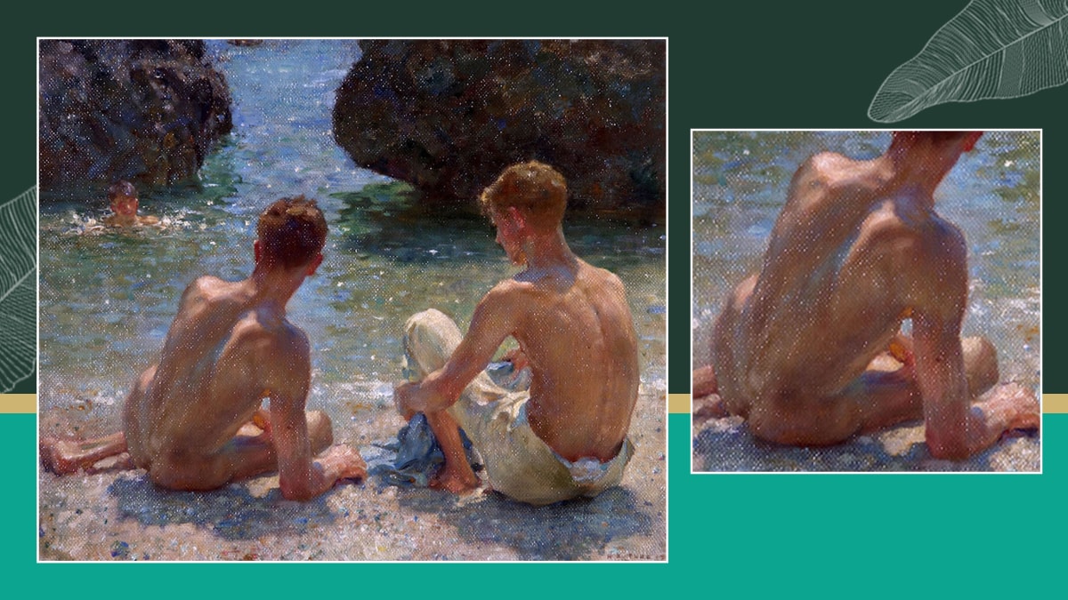 An image of a painting of two boys sitting on the edge of a river while one of them is naked and there is another boy swimming towards them. This is yet another piece of gay erotic art.