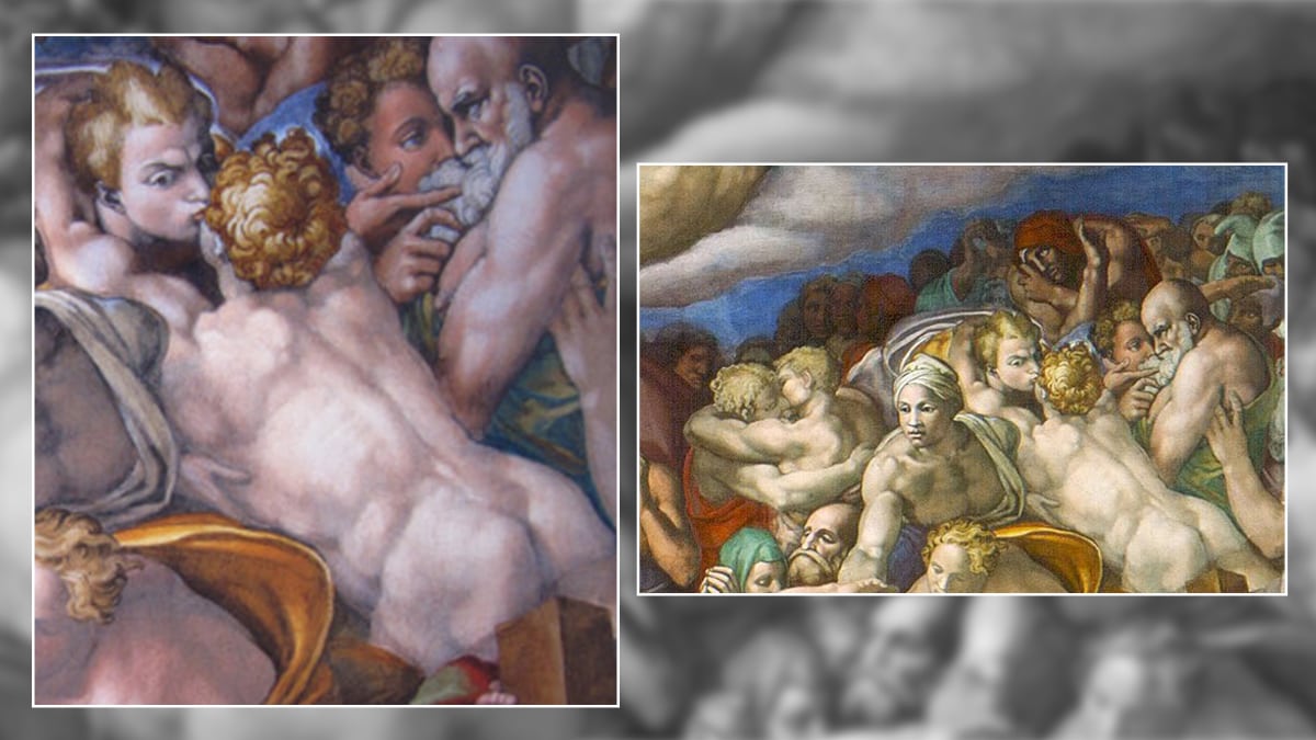 This painting is called the Last Judgement by Michelangelo di Lodovico Buonarroti. It shows a lot of people in it draped in silks and some of them naked. there are two men kissing and an older man who is looking into the eyes of a younger man with longing. This is again another gay erotic art piece.