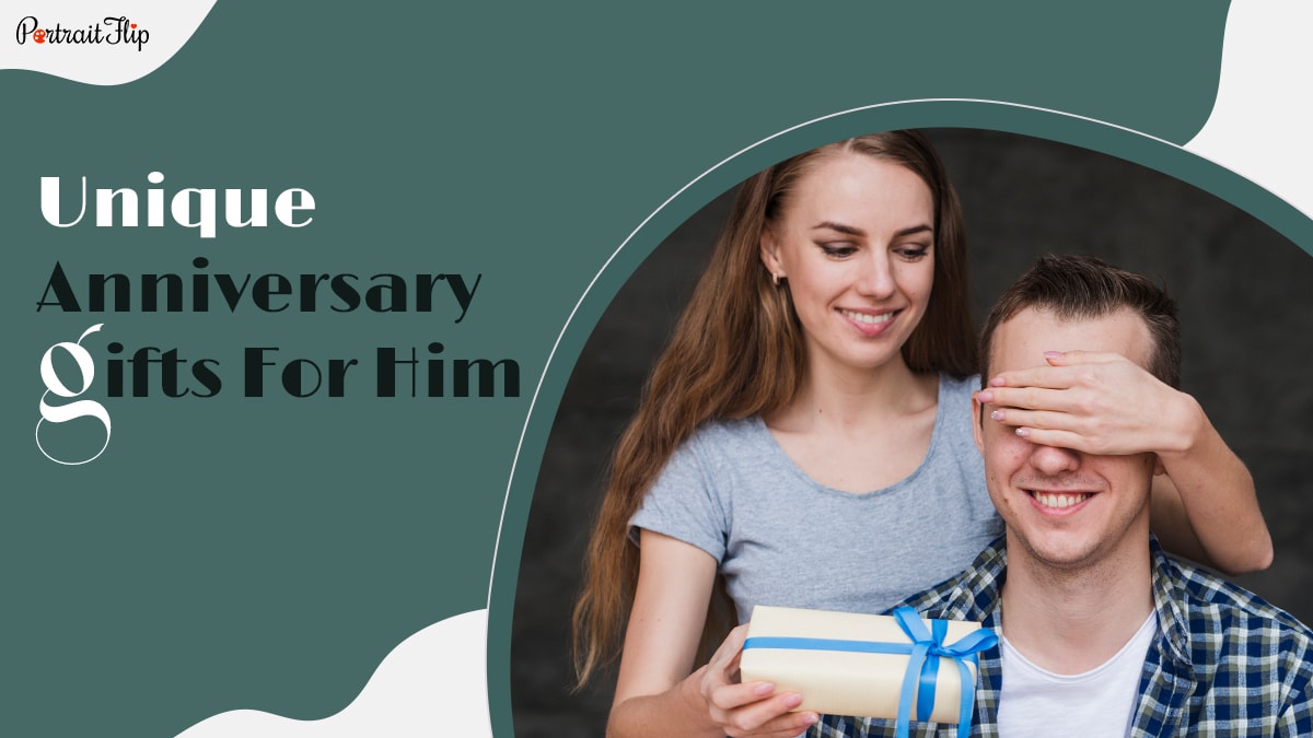 A girl gifting her love a surprise anniversary gift