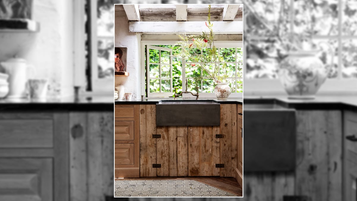 Kitchen area with a rustic kitchen sink.  