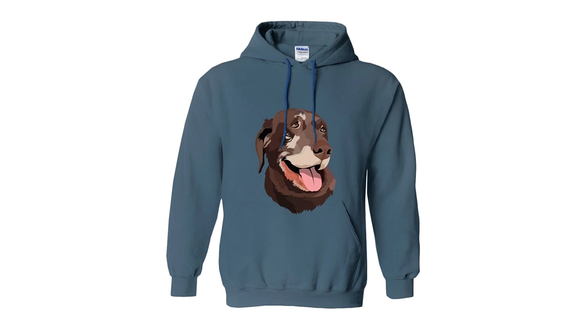 A hoodie that is blue with the illustration of a dog on it.  It can be given as a gift for a pet lover.