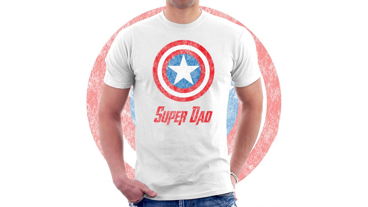 A man wearing a super dad Captain America t-shirt