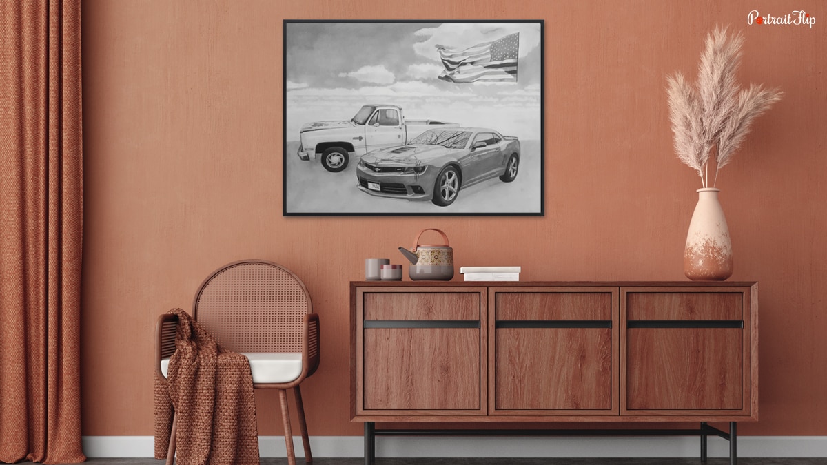 A beautiful house painting by PortraitFlip mounted on the orange wall.