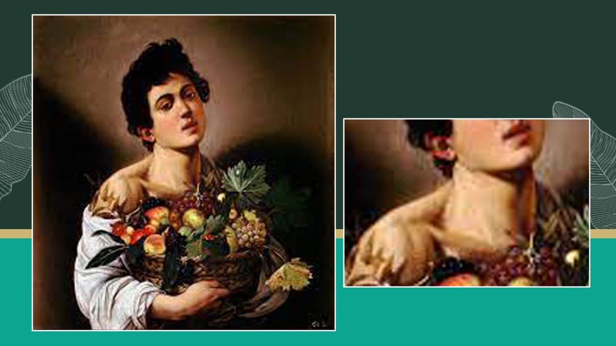 A painting of a boy holding a fruit basket, there are a variety of fruits in the basket, the boy has feminine features and has some kind of cloth wrapped around his chest. This is a painting by Michelangelo Merisi da Caravaggio.
