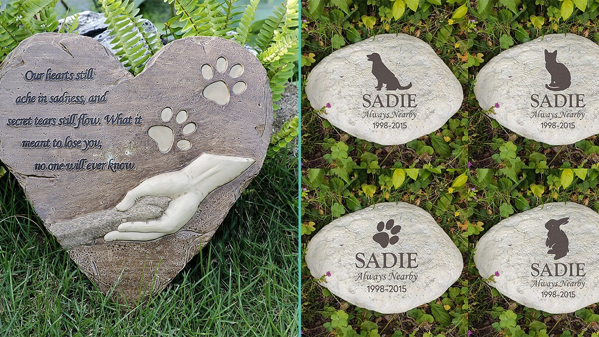 Five different memorial stones that read different things but are all pet memorial gifts for pet lovers.