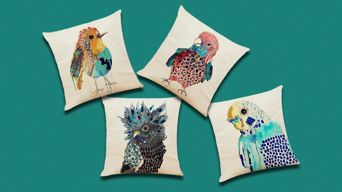 An image with four pillows and four birds on the pillows. Illustrations of all these colorful birds that look so attractive and pretty.