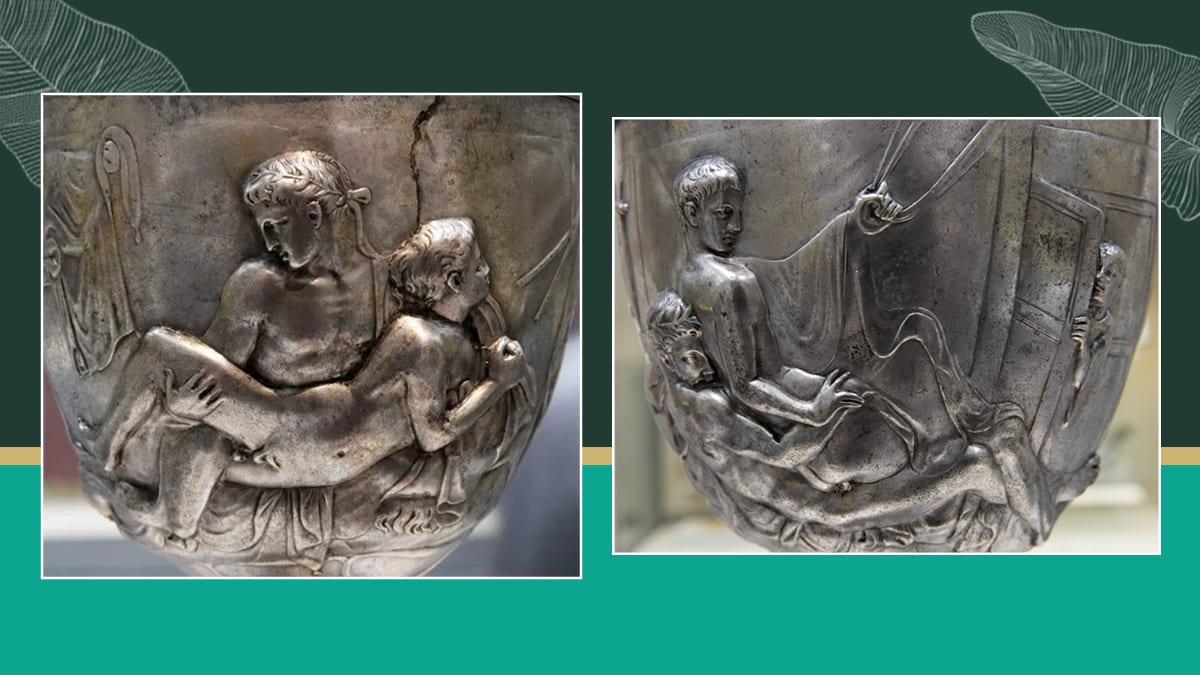 The image contains two images of a cup. one is a carving of two men having sexual intercourse the second is the carving of a younger man lowering himself into the lap of the older one and a servant is watching from behind. This art piece is called the warren cups.