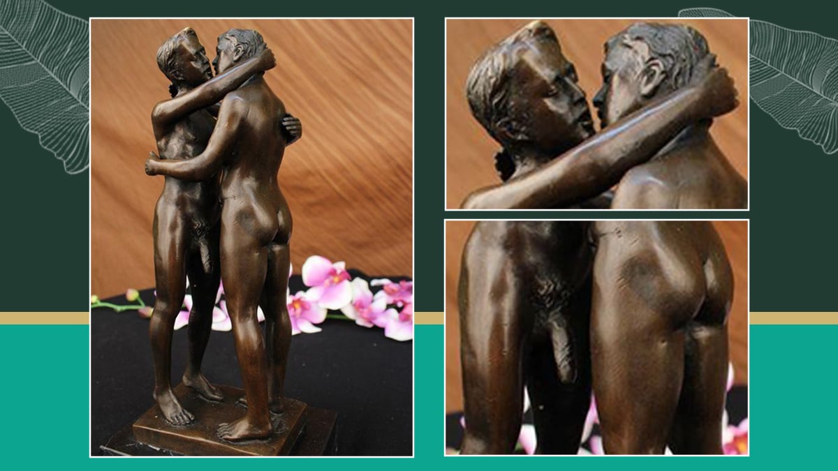 A bronze statue of two men one of which has his penis out they are both in a loving embrace and are about to kiss. They are both naked. 