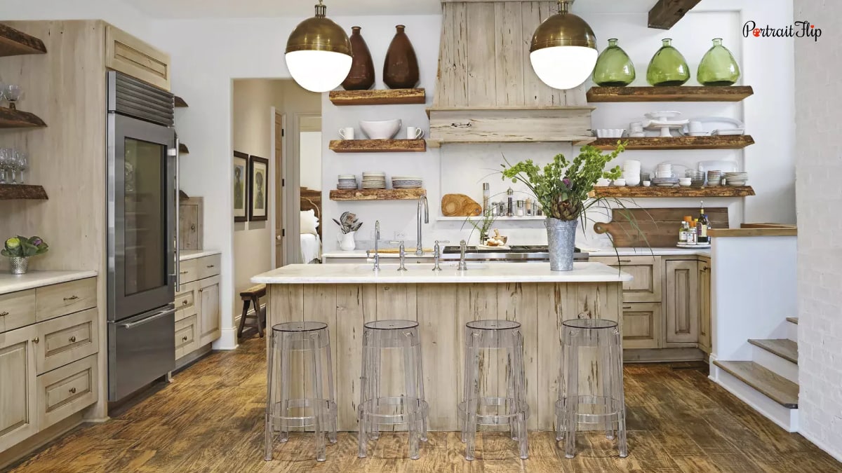 The repurposed kitchen idea is where this image comes in. It is an image of a kitchen that has wood used from the frame of an old bed. This is a kitchen trend of 2022.