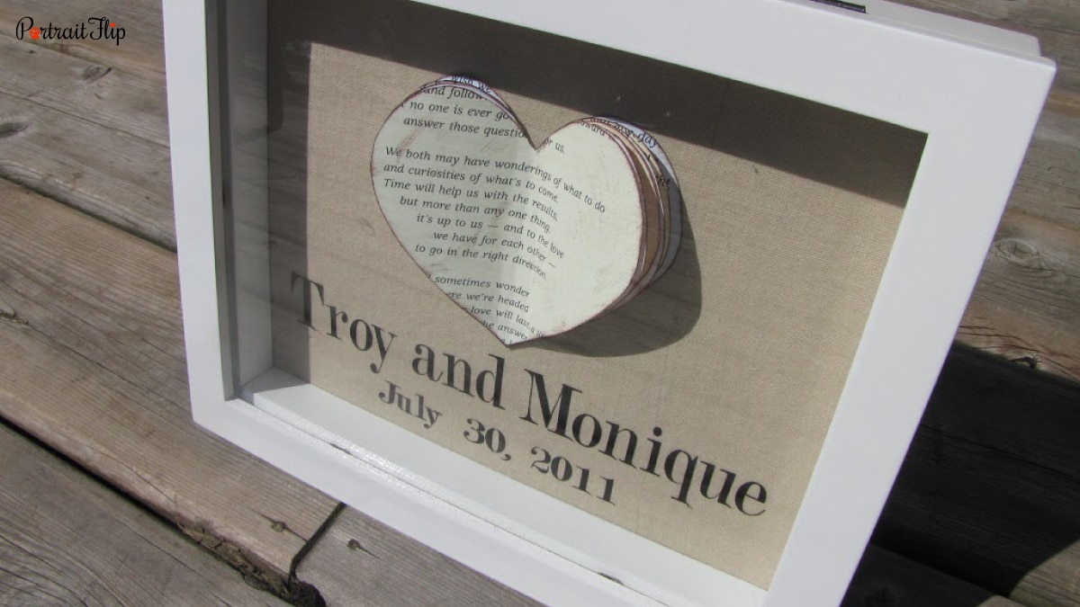 A frame with a few pages of a book or magazine cut in the shape of hearts. The texts Troy and Monique, July 30, 2021 is written in the image. A wedding gift for newly wed couples.