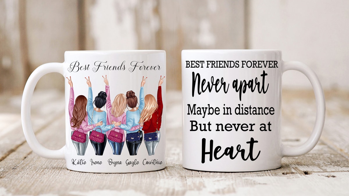 Best friends forever mug with a print of five best friends on one side of the mug and a caption on the other side that reads never apart maybe in distance but never at heart